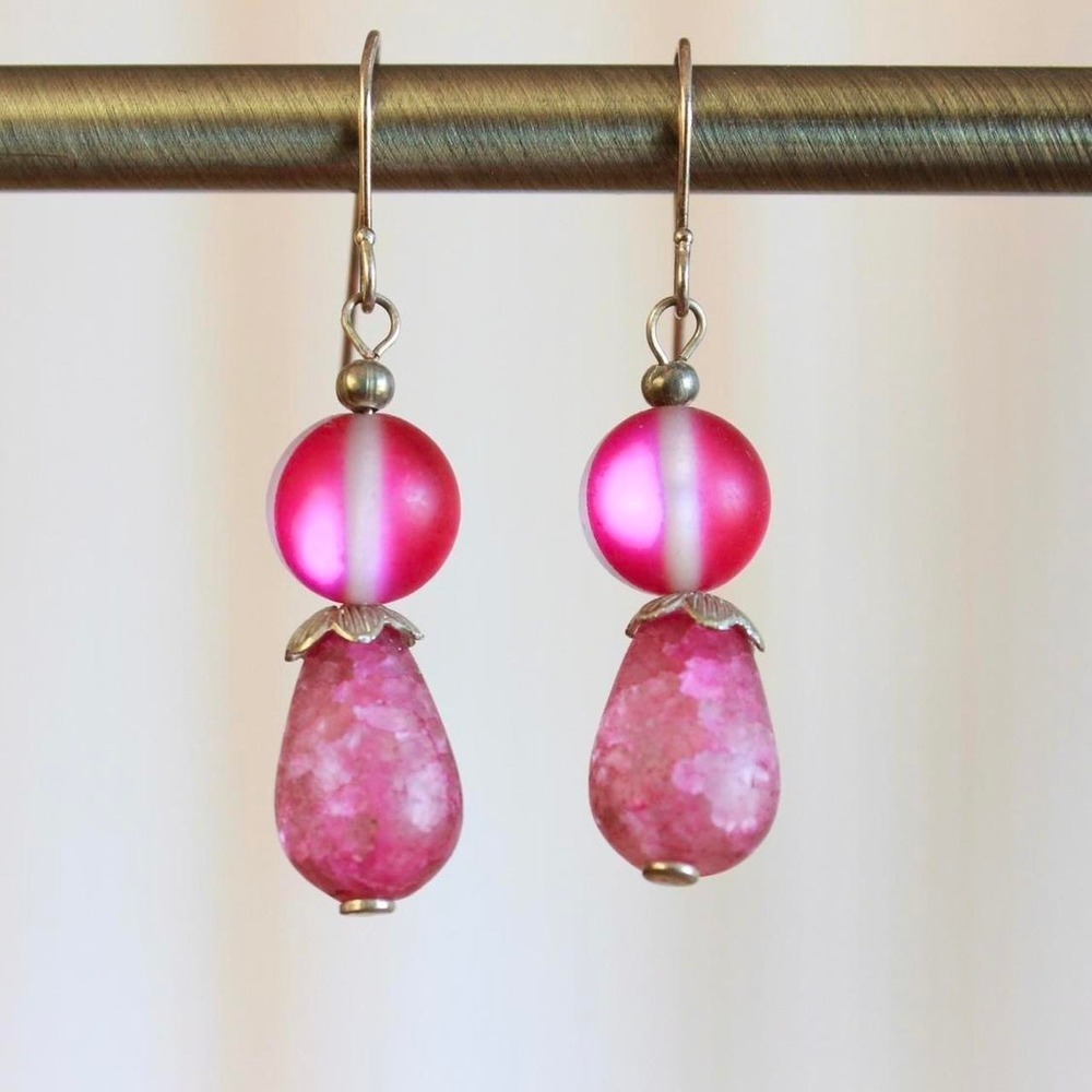 Handmade Pink Glass Beaded Teardrop Dangle Earrings Coquette Fairycore Boho